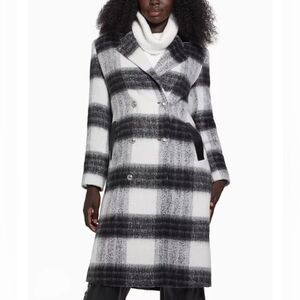 Guess Amalia Black & White Check Plaid Double-Breasted Trench Wool Coat L New!